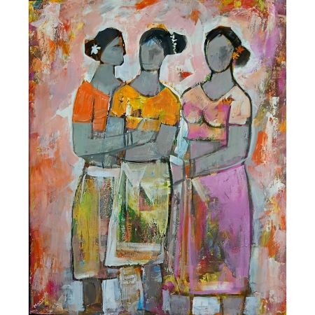 Koottukar Friends Acrylic Canvas Painting by Artist Dr. Maya Subramoni 30 x 24 Inches